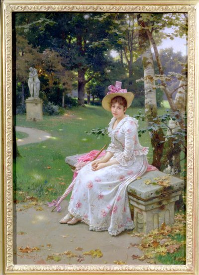 Mulher jovem, esperando, ligado, um, banco parque, com, um, parasol de Wilhelm Menzler